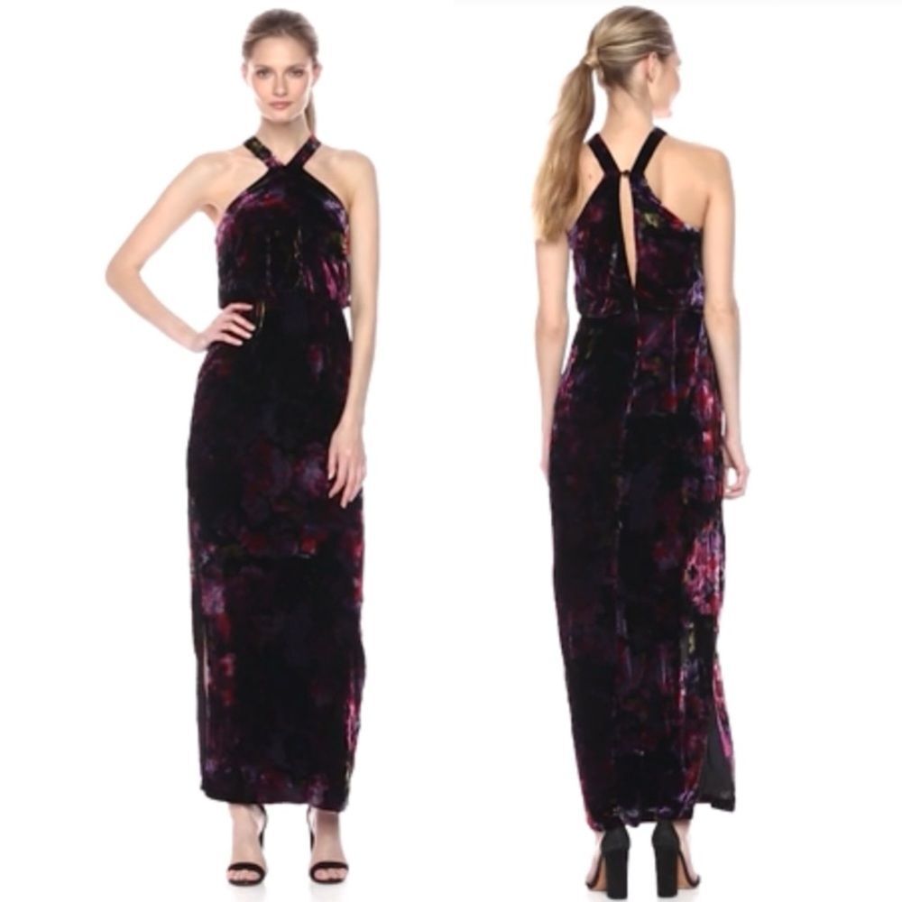 Aidan Mattox Floral Printed Velvet Halter Gown Maxi Dress Slit Size 2 NEW $265